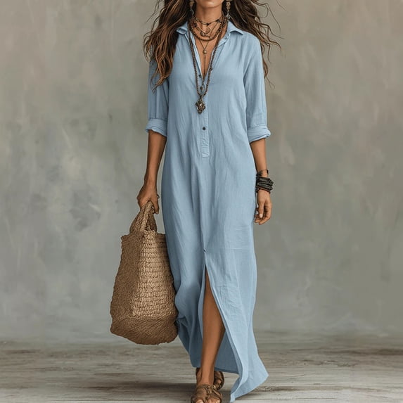 Wovilon Women's Maxi Shirt Dresses, Casual Button Down Long Tunic Tops with Front Slit, Loose Fit Roll-Up Sleeve Solid Color Beach Cover Up Dress, Lightweight Summer Vacation Wear