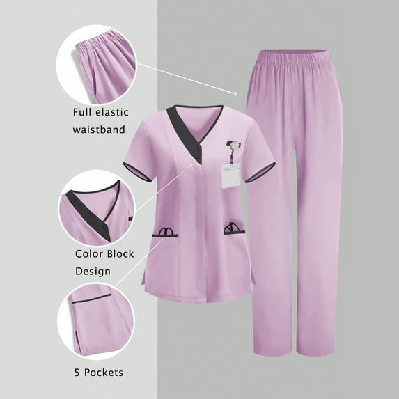 Wovilon Women's Medical Scrub Set with V Neck Top and Elastic Waist Pants, Short Sleeve Workwear Uniform with Pockets for Nurse Healthcare Professional Daily Comfortable Wear