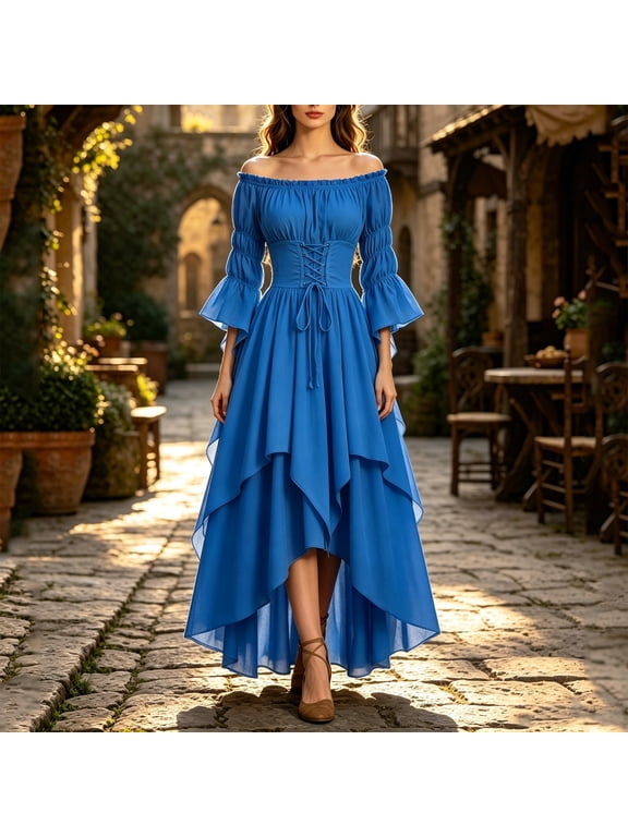 Women's Off-Shoulder Lace-Up Midi Dress with Bell Sleeves, High-Low Hem and Corset Waist Detail, Retro Gothic Style Solid Color Dress for Halloween