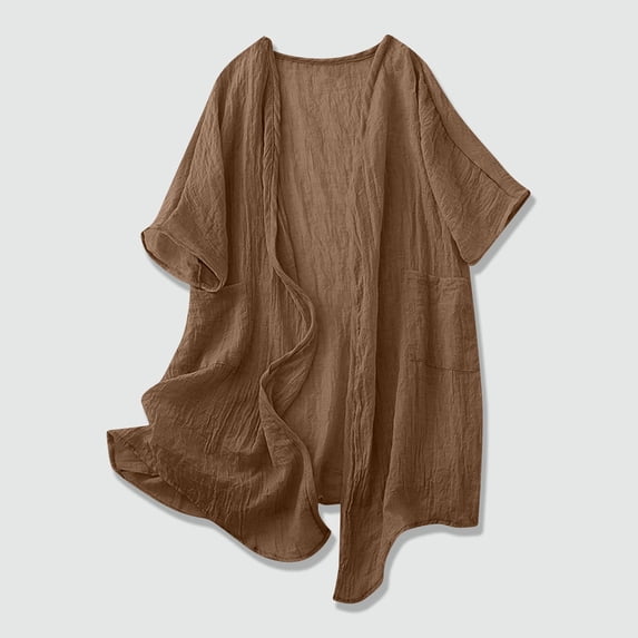 Wovilon Women's Open Front Short Sleeve Cardigan with Patch Pockets and Textured Cotton Linen Blend, Relaxed Fit Casual Summer Beach Cover-Up for Vacation Everyday Wear