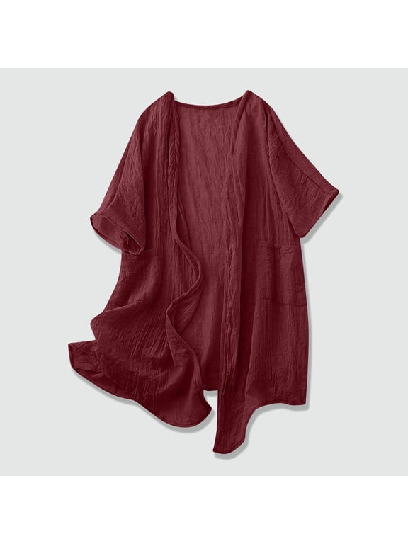 Women's Open Front Short Sleeve Cardigan with Patch Pockets and Textured Cotton Linen Blend, Relaxed Fit Casual Summer Beach Cover-Up for Vacation Everyday Wear