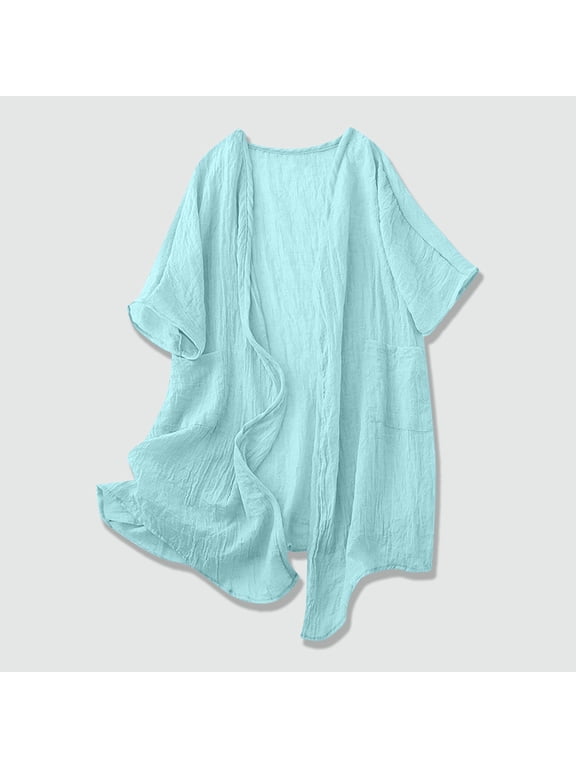Women's Open Front Short Sleeve Cardigan with Patch Pockets and Textured Cotton Linen Blend, Relaxed Fit Casual Summer Beach Cover-Up for Vacation Everyday Wear