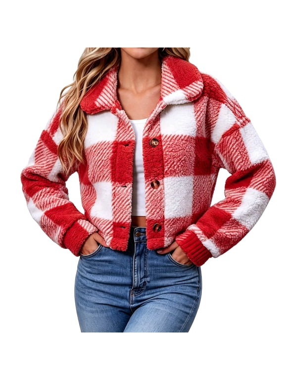 Women's Plaid Fleece Jacket Button Down Lapel Collar Cropped Fuzzy Sherpa Shacket with Pockets Loose Fit Casual Fall Winter Outerwear