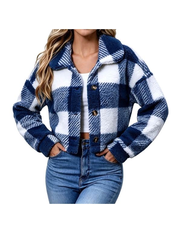 Women's Plaid Fleece Jacket Button Down Lapel Collar Cropped Fuzzy Sherpa Shacket with Pockets Loose Fit Casual Fall Winter Outerwear