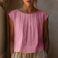 thumbnail image 1 of Wovilon Women's Pleated Front Crew Neck Cap Sleeve Blouse, Relaxed Fit Cotton Linen Blend Top, Lightweight Breathable Solid Color Versatile Shirt, 1 of 9