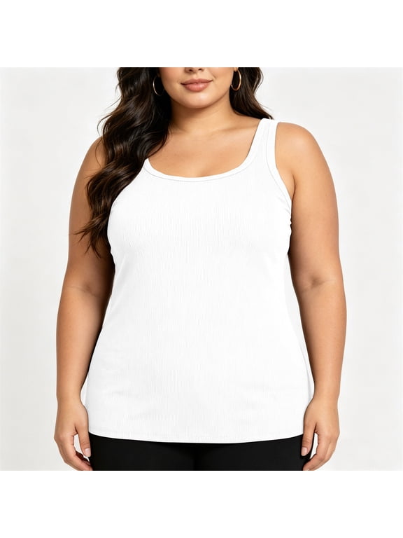 Women's Plus Size Ribbed Tank Top with Built-in Bra, Square Neck Wide Strap Sleeveless Cami with Removable Pads for Casual Daily Wear and Comfort