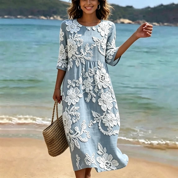 Wovilon Women's Plus Size Round Neck 3/4 Sleeve Embroidered Floral Midi Dress with Side Pockets, Lightweight Relaxed A-Line Casual Summer Vacation Long Dress