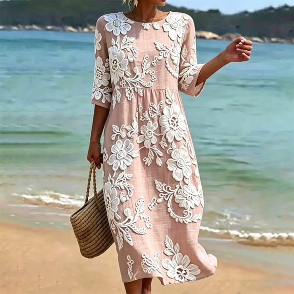 Wovilon Women's Plus Size Round Neck 3/4 Sleeve Embroidered Floral Midi Dress with Side Pockets, Lightweight Relaxed A-Line Casual Summer Vacation Long Dress