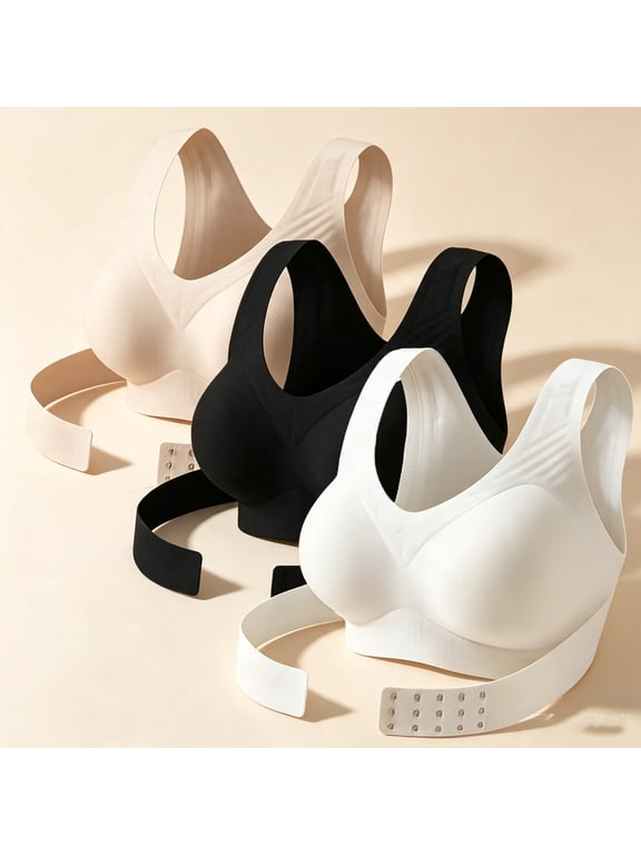 Women's Posture Corrector Bra with X-Back Posture Support, 3 Pack Seamless Wirefree Molded Cups, Adjustable Wide Straps Solid Black for Everyday Wear