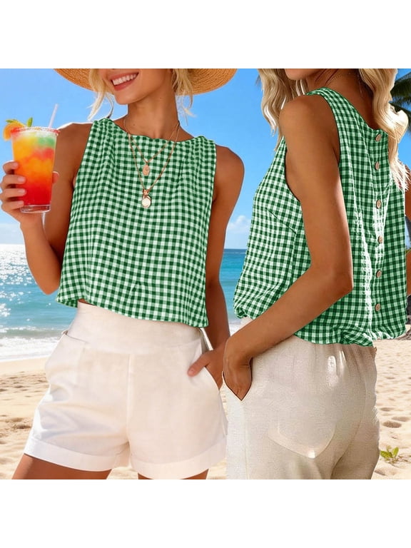 Women's Reversible Gingham Tank Top Round Neck Sleeveless Relaxed Loose Fit Cotton Linen Blend Crinkle Texture Lightweight Breathable Casual Summer Basic Style