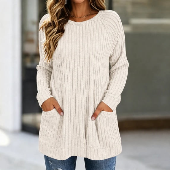 Wovilon Women's Ribbed Knit Tunic Long Sleeve Crew Neck Pullover Front ...