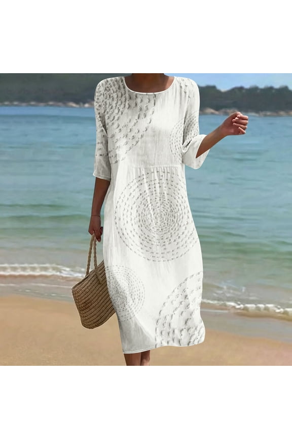 Women's Round Neck Midi Dress with 3/4 Sleeves and Side Pockets, Relaxed Fit Textured Circle Pattern Casual Loose Shift Dress for Spring and Summer