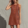 thumbnail image 1 of Wovilon Women's Round Neck Sleeveless A-Line Mini Dress, Button Front Contrast Trim Pocket Shift Top, Relaxed Lightweight Breathable Cotton Linen Blend Solid, 1 of 7