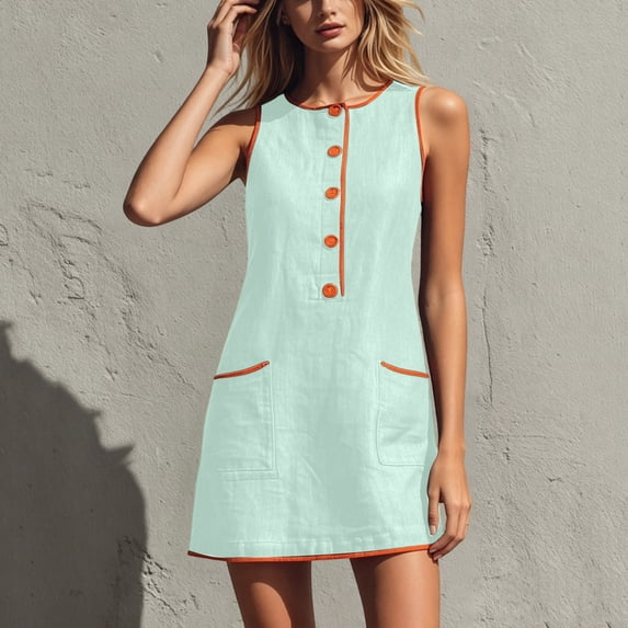 Wovilon Women's Round Neck Sleeveless A-Line Mini Dress, Button Front Contrast Trim Pocket Shift Top, Relaxed Lightweight Breathable Cotton Linen Blend Solid