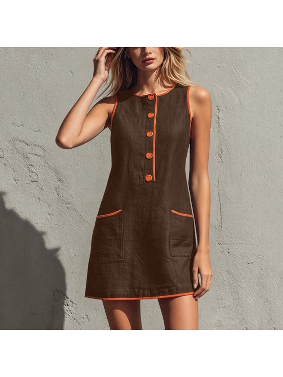 Women's Round Neck Sleeveless A-Line Mini Dress, Button Front Contrast Trim Pocket Shift Top, Relaxed Lightweight Breathable Cotton Linen Blend Solid
