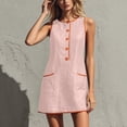 thumbnail image 1 of Wovilon Women's Round Neck Sleeveless A-Line Mini Dress, Button Front Contrast Trim Pocket Shift Top, Relaxed Lightweight Breathable Cotton Linen Blend Solid, 1 of 7