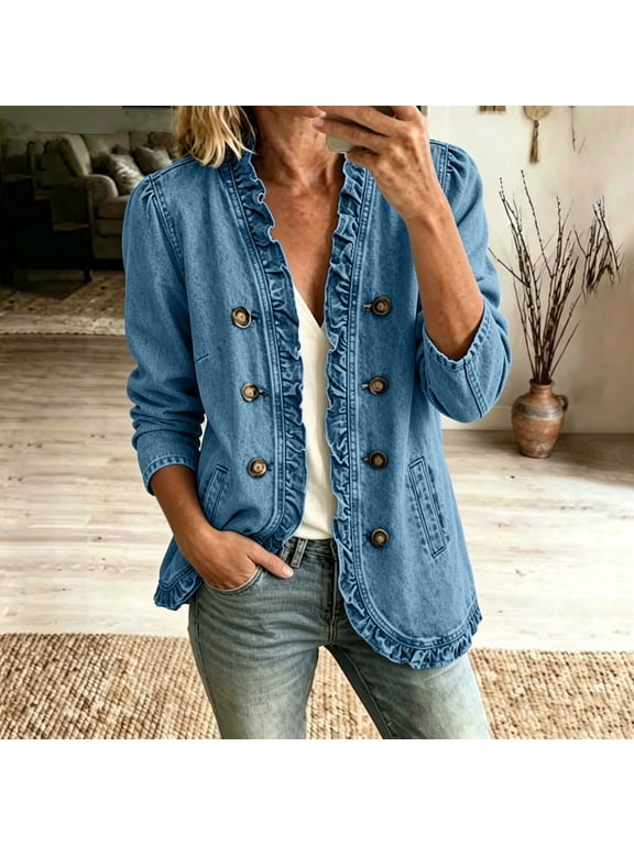 Women's Ruffle Trim Open Front Denim Jacket with Pockets, Long Sleeve Edge Casual Blazer Coat for Fall Spring Daily Wear