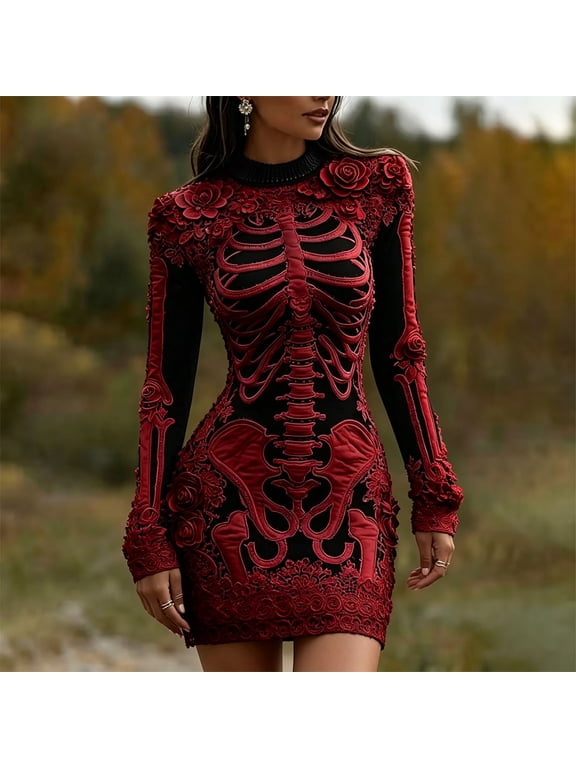 Women's Skeleton Print Dress, Round Neck Long Sleeve with Lace Detail, Slim Fit Mini for Halloween Party