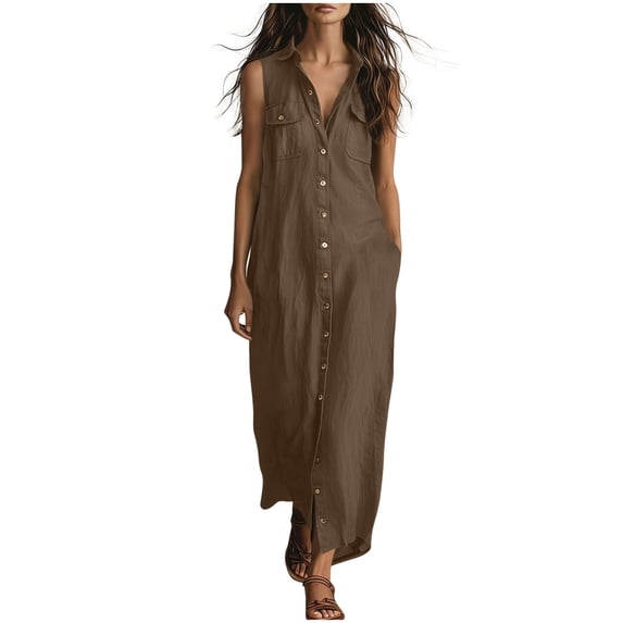 Wovilon Women's Sleeveless Collared Button-Down Maxi Shirt Dress with Chest Pockets and Side Slits, Relaxed Fit Cotton Linen Blend Summer Vacation Casual Wear