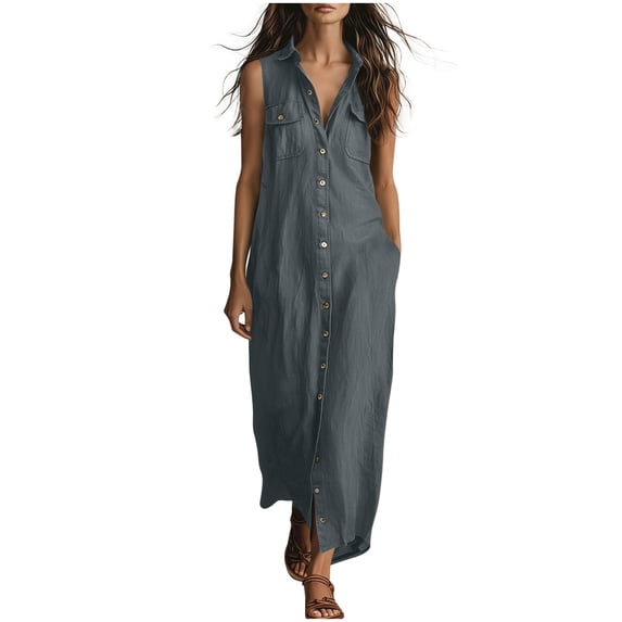 Wovilon Women's Sleeveless Collared Button-Down Maxi Shirt Dress with Chest Pockets and Side Slits, Relaxed Fit Cotton Linen Blend Summer Vacation Casual Wear