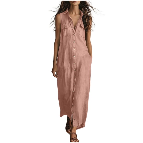 Wovilon Women's Sleeveless Collared Button-Down Maxi Shirt Dress with Chest Pockets and Side Slits, Relaxed Fit Cotton Linen Blend Summer Vacation Casual Wear