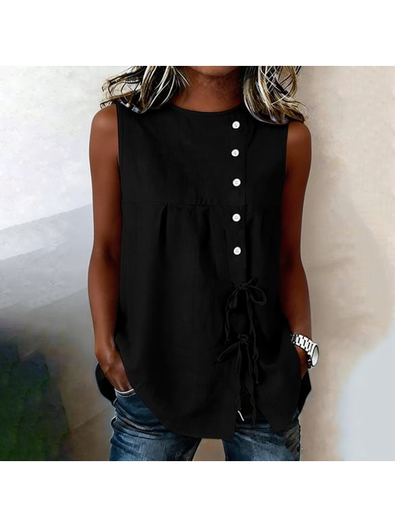 Women's Sleeveless Crew Neck Blouse with Front Button Placket and Drawstring Tie Hem, Flowy Loose Fit Casual Summer Vacation Tank Top for Daily Wear