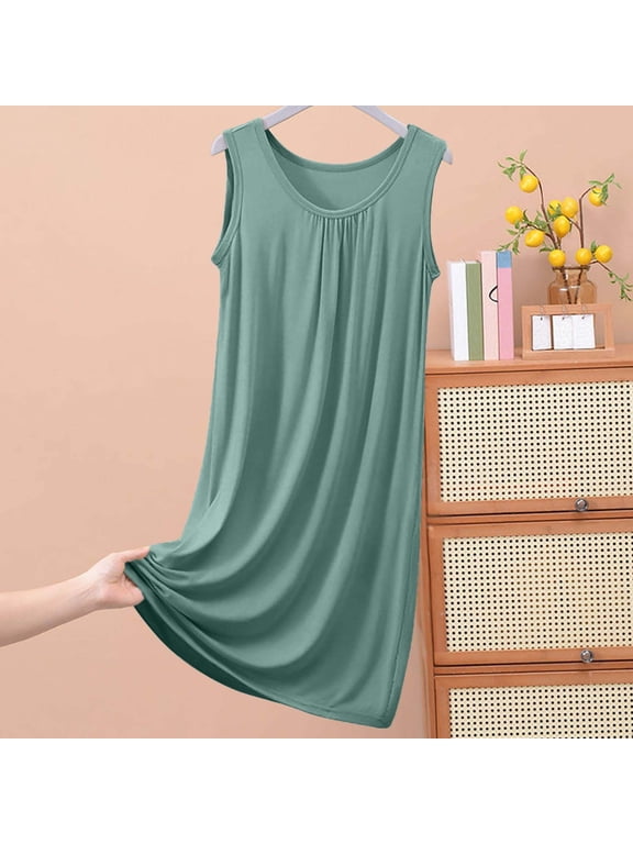 Women's Sleeveless Nightgown Modal Cotton Blend Sleep Dress Loose Fit Crew Neck Pleated Front Soft Lounge Dress Plus Size XL-5XL