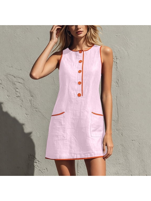 Women's Sleeveless Round Neck Shift Dress with Contrast Piping and Button Front, Cotton Linen Blend Casual Summer Mini Dress for Vacation and Daily Wear