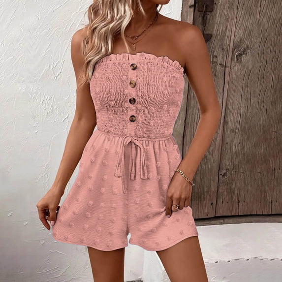 Wovilon Women's Strapless Smocked Romper Tube Top One-Piece Shorts with Decorative Buttons Drawstring Waist for Summer Beach Vacation Casual Daily Wear