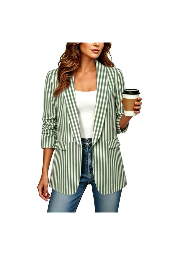 Women's Striped Open Front Blazer Jacket with Rolled Up Sleeves and Flap Pockets, Lightweight Relaxed Fit Casual Work Office Coat for Spring Fall Business Casual Wear