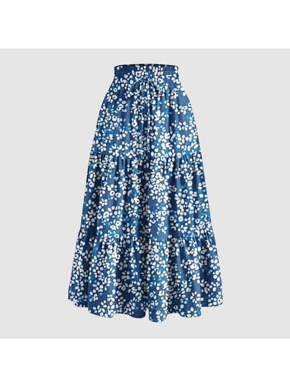 Women's Tiered Floral Maxi Skirt with Elastic Drawstring Waist, A-Line Full Length Relaxed Fit Comfortable Boho Style Lightweight Summer Vacation Casual Wear