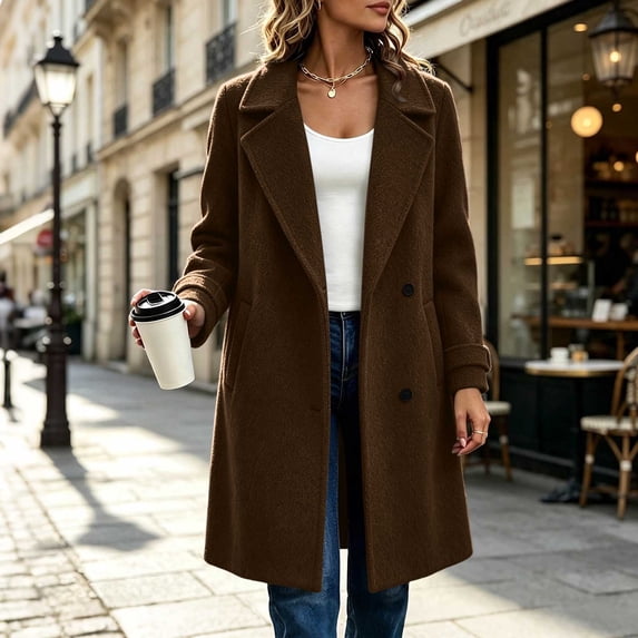 Wovilon Women's Tweed Coat Notch Lapel Button Down Mid-Length Wool Blend Overcoat Top 8 Colors Fall Winter