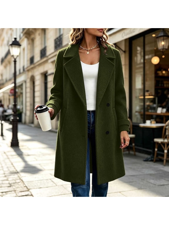 Women's Tweed Coat Notch Lapel Button Down Mid-Length Wool Blend Overcoat with Pockets Solid Color Fall Winter