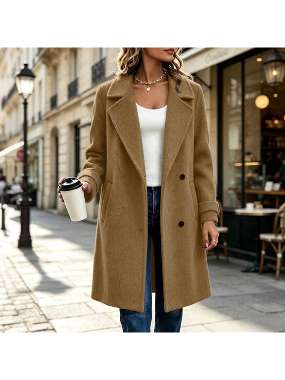 Women's Tweed Coat Notch Lapel Button Down Mid-Length Wool Blend Overcoat with Pockets Solid Color Fall Winter