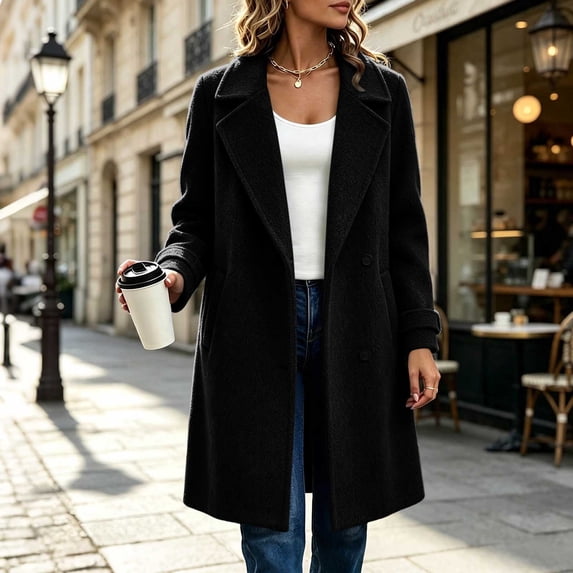Wovilon Women's Tweed Coat Notch Lapel Button Down Mid-Length Wool Blend Overcoat Top 8 Colors Fall Winter