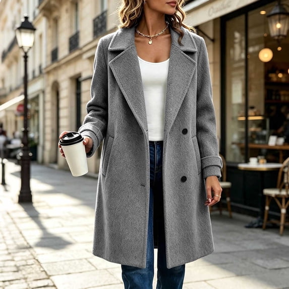 Wovilon Women's Tweed Coat Notch Lapel Button Down Mid-Length Wool Blend Overcoat Top 8 Colors Fall Winter