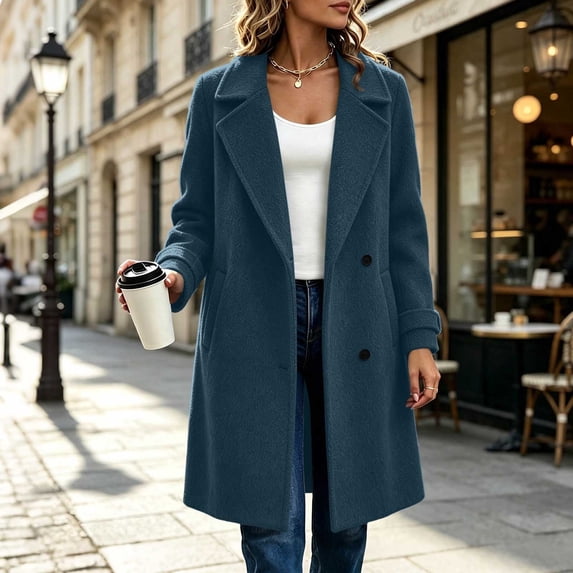 Wovilon Women's Tweed Coat Notch Lapel Button Down Mid-Length Wool Blend Overcoat Top 8 Colors Fall Winter
