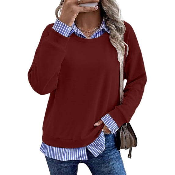 Wovilon Women's Twofer Sweatshirt with Striped Collar and Hem Detail, Long Sleeve Crew Neck Patchwork Pullover Top for Fall Winter Casual Everyday Wear