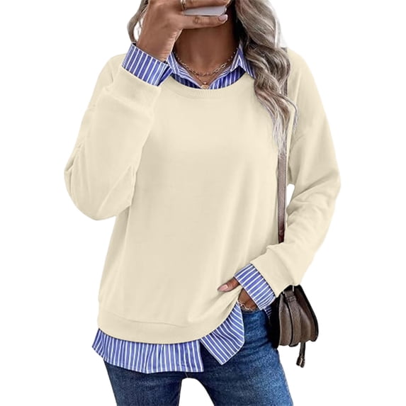 Wovilon Women's Twofer Sweatshirt with Striped Collar and Hem Detail, Long Sleeve Crew Neck Patchwork Pullover Top for Fall Winter Casual Everyday Wear