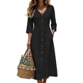 thumbnail image 1 of Wovilon Women's V Neck Button Front Midi Dress, 3/4 Sleeve Side Pocket Relaxed Fit A-Line, Lightweight Breathable Cotton Linen Blend Solid, 1 of 7