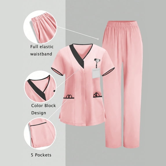 Wovilon Women's V-Neck Contrast Trim Short Sleeve Scrub Set with Patch Pockets and Elastic Waistband, Relaxed Fit Two Piece Medical Uniform for Work