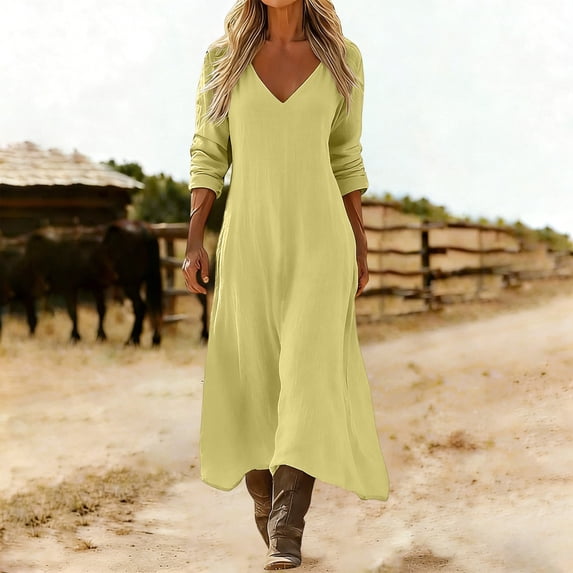 Wovilon Women's V-Neck Long Sleeve Loose Fit Maxi Dress, Relaxed Solid Color Midi Tunic with Flowy Drape for Spring Fall Casual Vacation Outings and Daily Wear