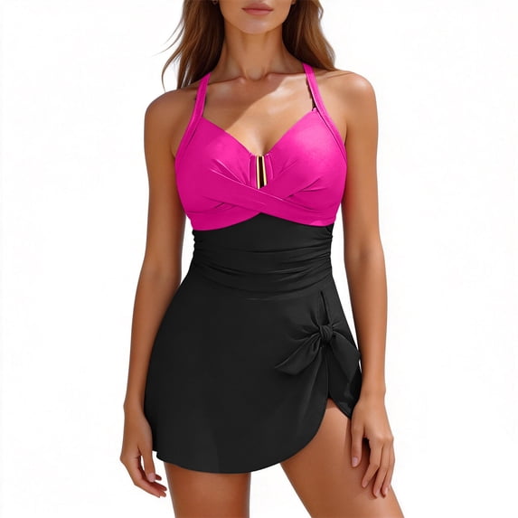 Wovilon Women's V-Neck One-Piece Swimsuit with Tummy Control and Side Tie Skirted Detail, Halter Strap Slimming Stylish Bathing Suit for Summer Beach Vacation