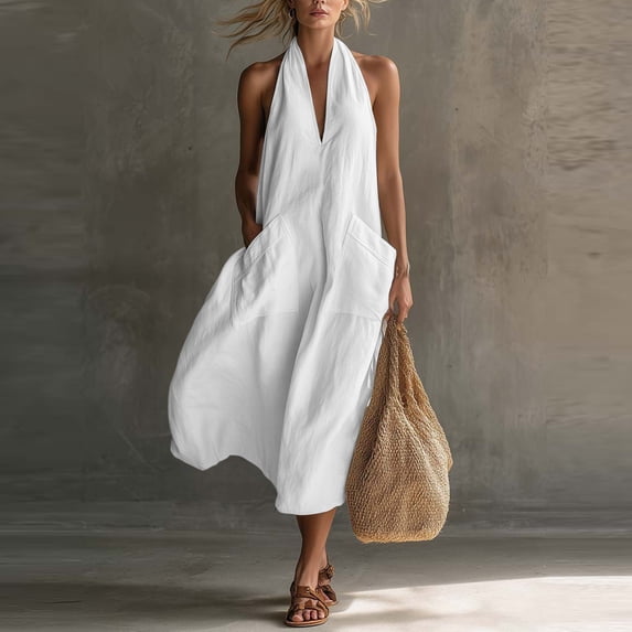 Wovilon Women's V-Neck Sleeveless Halter Maxi Dress with Pockets, Cotton Blend Loose Fit Casual Summer Long Style for Beach Vacation and Daily Wear