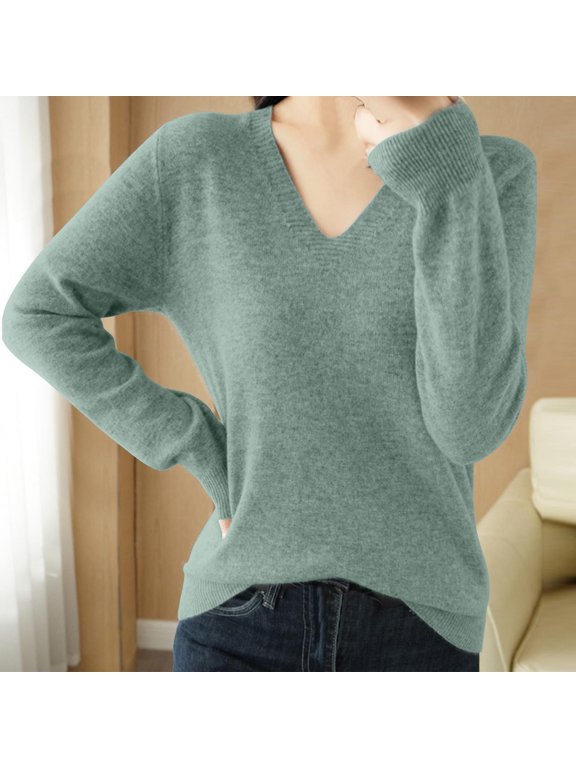 Women's V-Neck Sweater, Long Sleeve Knit Pullover Top, Stretch Nylon Blend Casual Layering Shirt for Fall, Winter and Everyday Wear
