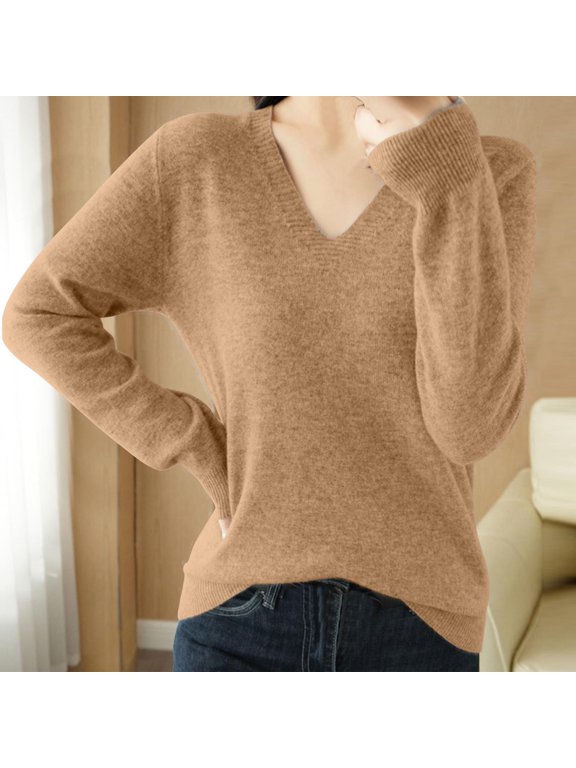 Women's V-Neck Sweater, Long Sleeve Knit Pullover Top, Stretch Nylon Blend Casual Layering Shirt for Fall, Winter and Everyday Wear
