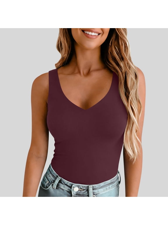 Women's V-Neck Tank Top, Sleeveless Slim Fit Camisole with Wide Straps, Soft Stretch Basic Undershirt for Summer Layering and Daily Casual Wear