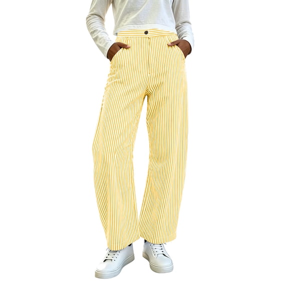 Wovilon Women's Vertical Striped Barrel Leg Pants with Elastic Waist and Button-Zip Front, Relaxed Fit Summer Casual Style for Travel and Everyday Wear