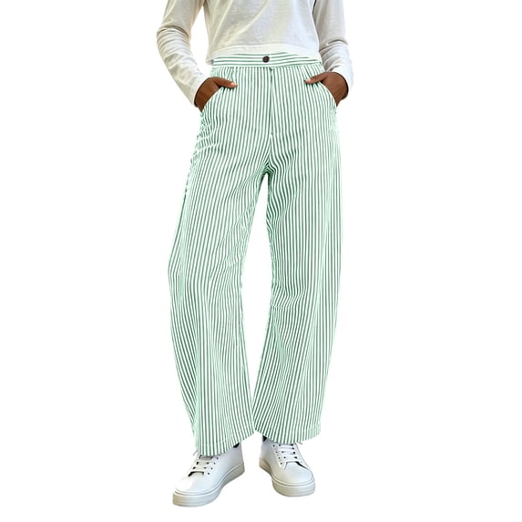Wovilon Women's Vertical Striped Barrel Leg Pants with Elastic Waist and Button-Zip Front, Relaxed Fit Summer Casual Style for Travel and Everyday Wear