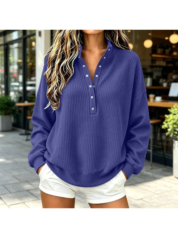 Women's Waffle Knit Henley Pullover Mock Neck Long Sleeve Button Top Relaxed Fit Casual Sweatshirt with Ribbed Trim